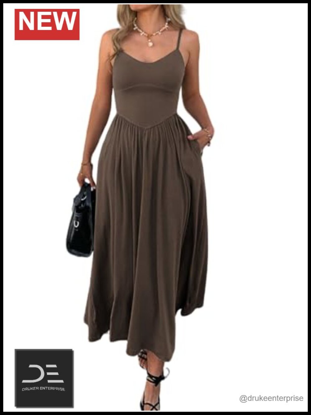 Spaghetti Strap Maxi Dress Sleeveless A Line Flowy with Pockets Beach